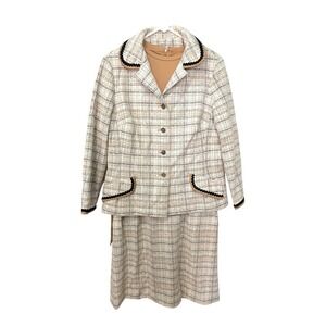 Vintage Henry Lee Large? Tweed Blazer Skirt Suit Beige Plain Pattern Career 80's
